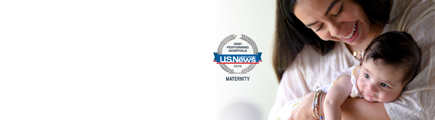 Mother smiling and holding an infant with text NJ's Most Recognized Hospital System for Maternity Care