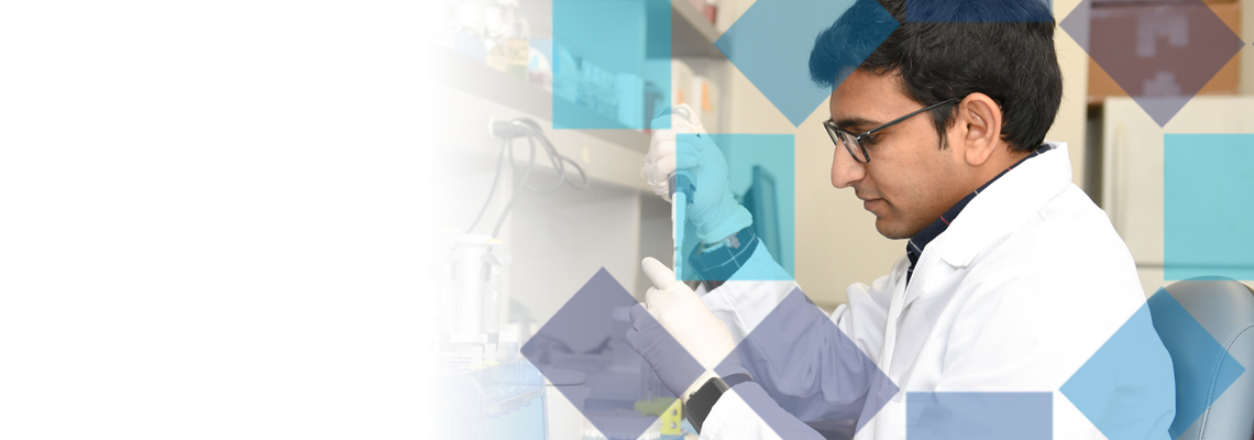 Scientist in a lab coat using a pipette, with geometric overlay and lab equipment visible.