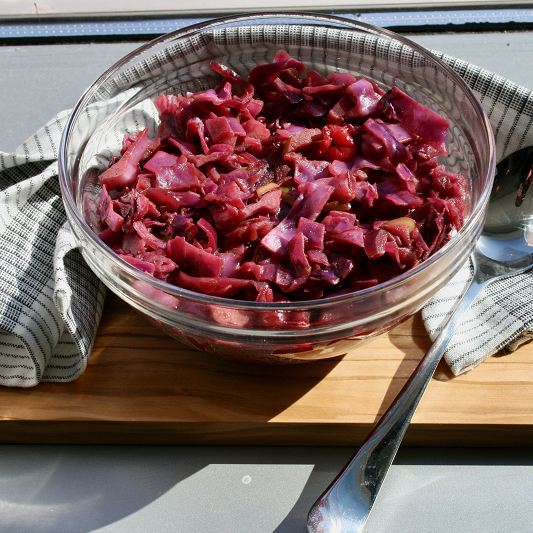 Close up shot of a bowl of cooked red cabbage for a salad.