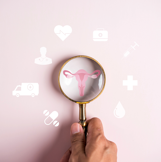 A conceptual photo to illustrate a healthy female reproductive system. A magnify glass over a uterus, with health icons around it.