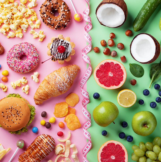 unhealhy food on left and healthy food on right side of image