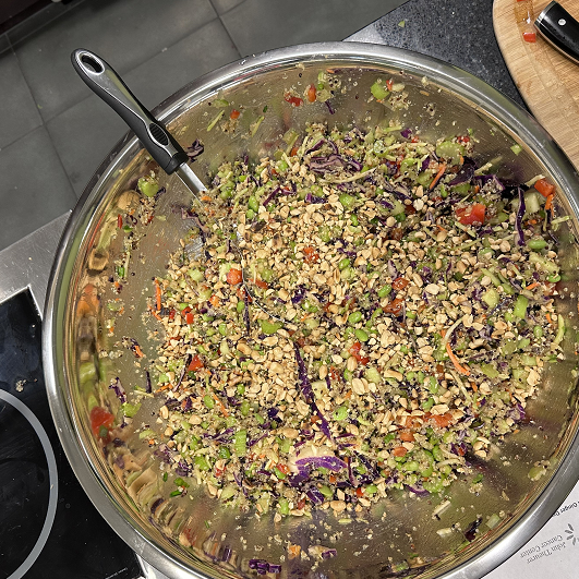 Top view of a large bowl of quinoa edamame salad with ginger dressing.