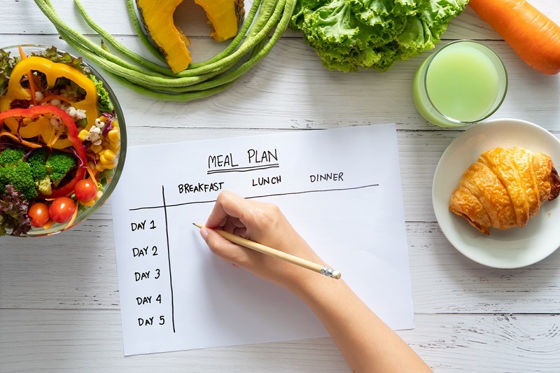 Overhead view of someone meal planning for the week, with healthy foods on the table.