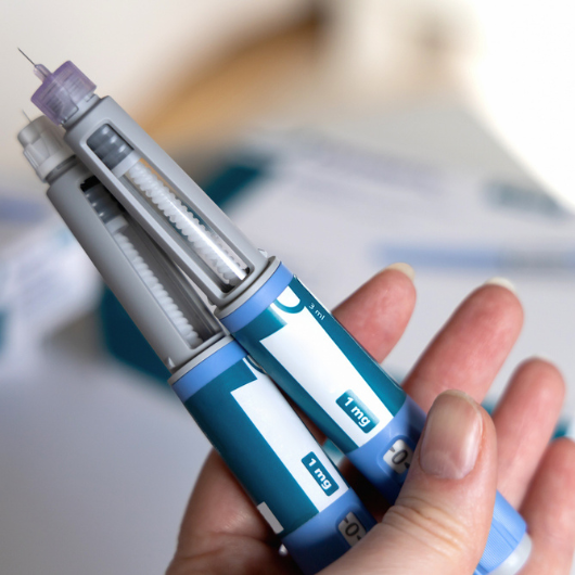 Hand holding two Ozempic injection pens for diabetics and weight loss.