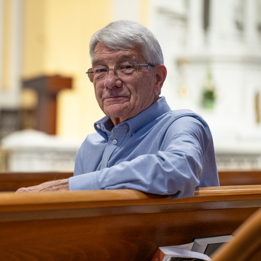 Joe Doherty sitting in church