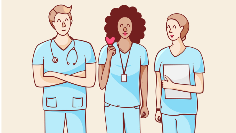 Image shows an illustration of three nurses standing together. One is holding a heart, one is holding paper and the other has a stethoscope around his neck.