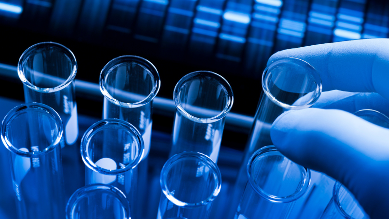 Image shows a close up of laboratory beakers and research equipment.