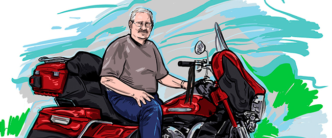 illustrated image of Jeffrey Wells on motorcycle