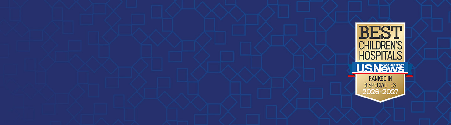 Blue background with 2026-2027 USNWR badge for Best Children's Hospital with ranking in 3 specialties