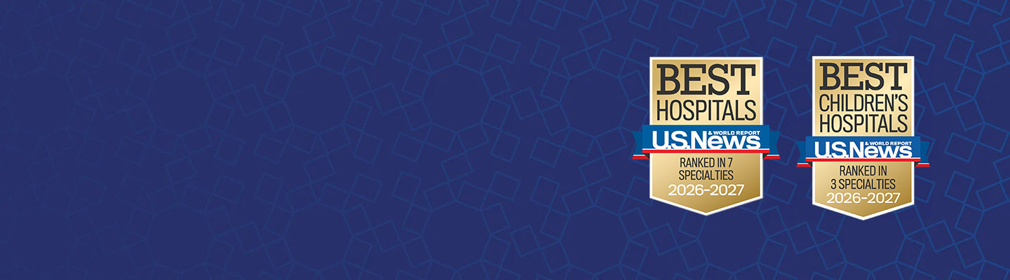 Blue background with USNWR badges for Best Hospital and Best Children's Hospitals and their specialties