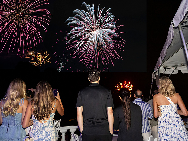 spectators looking up at fireworks